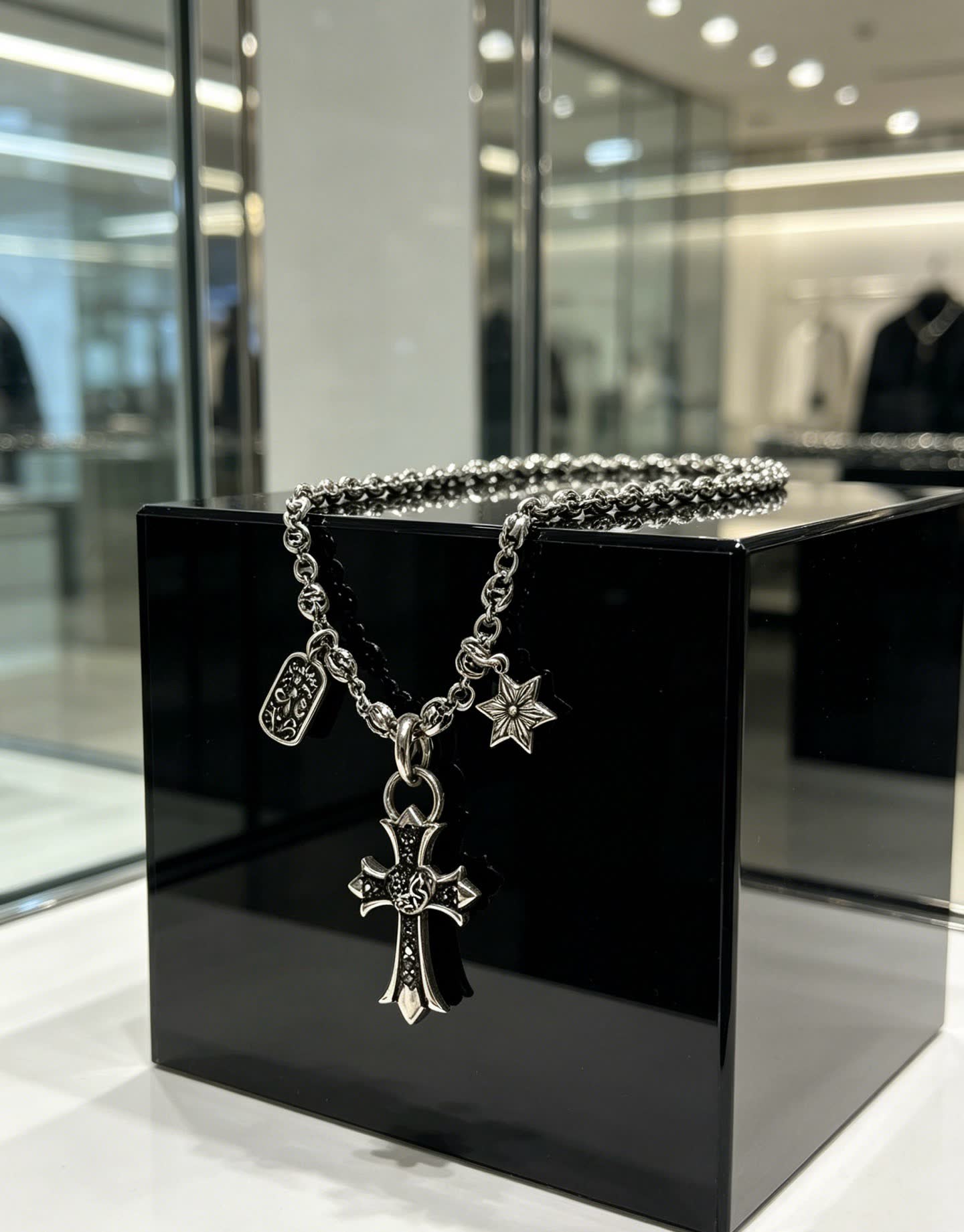 Chrome Hearts Black Diamond Cross Pendant Necklace